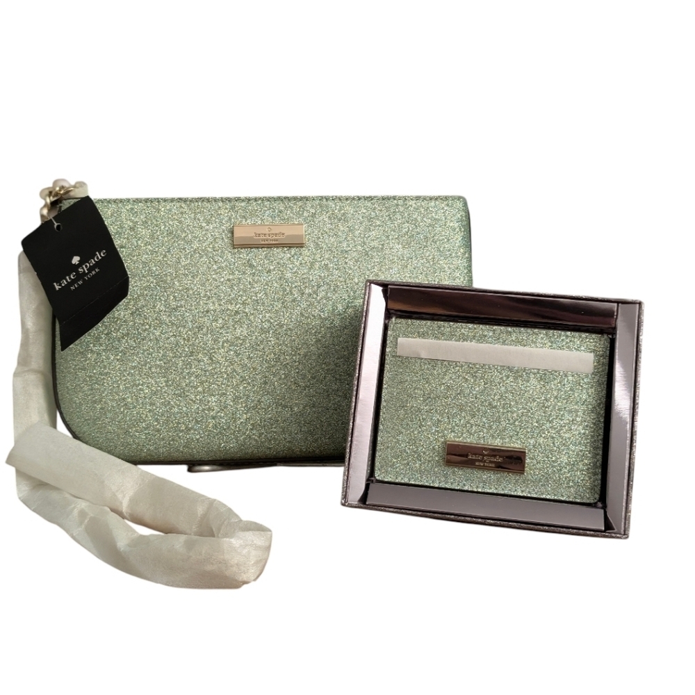 Kate Spade ♠️ Kenzie Green Glitter Sm Convertible crossbody clutch & Cardholder